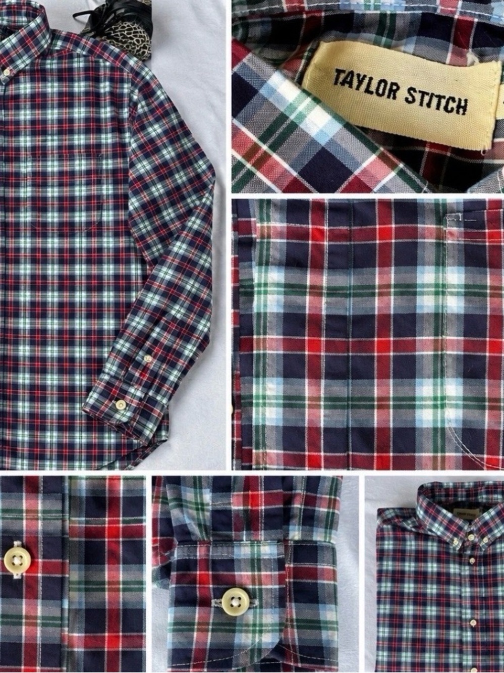 Taylor Stitch Men's Red & Navy Plaid Button-Down Shirt Size 42